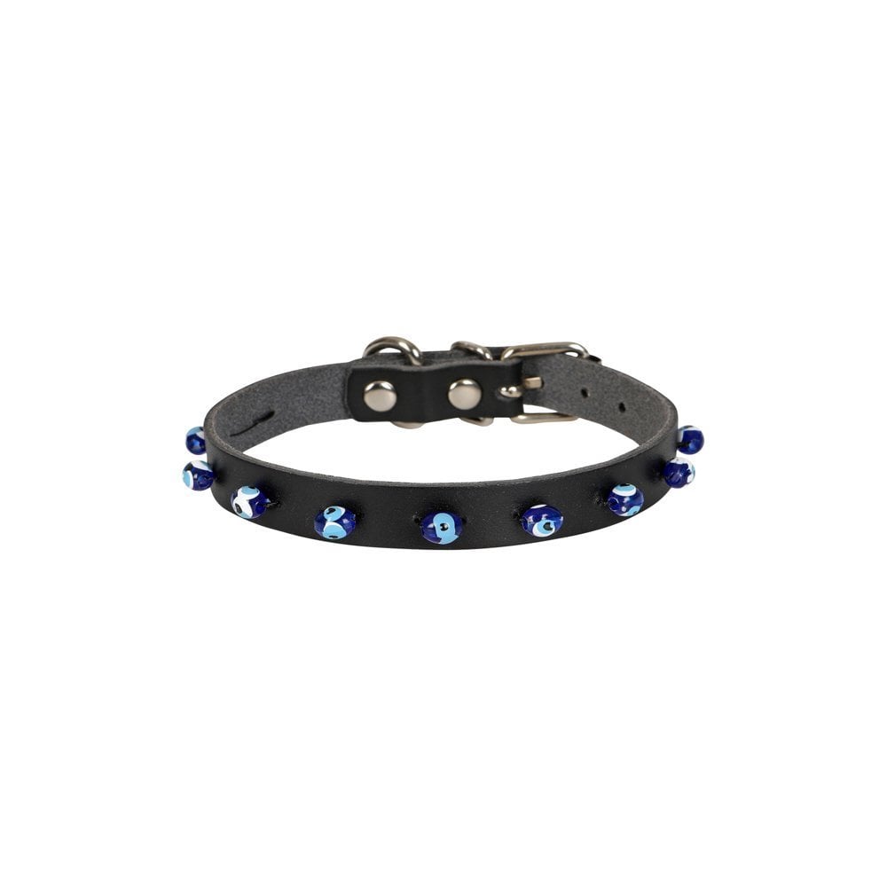 [BKT12LBLACK] Cattie Boncuklu Deri Kedi Tasması 1.2x25-29cm (Siyah)